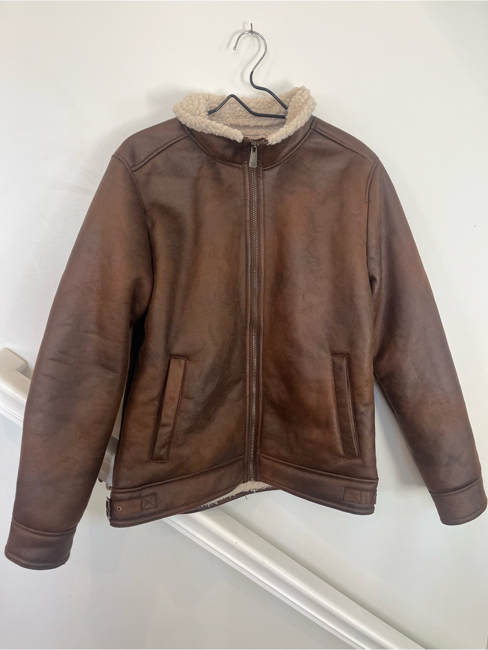 Rainforest Brown Faux Shearling Sherpa Aviator Jacket | Size M